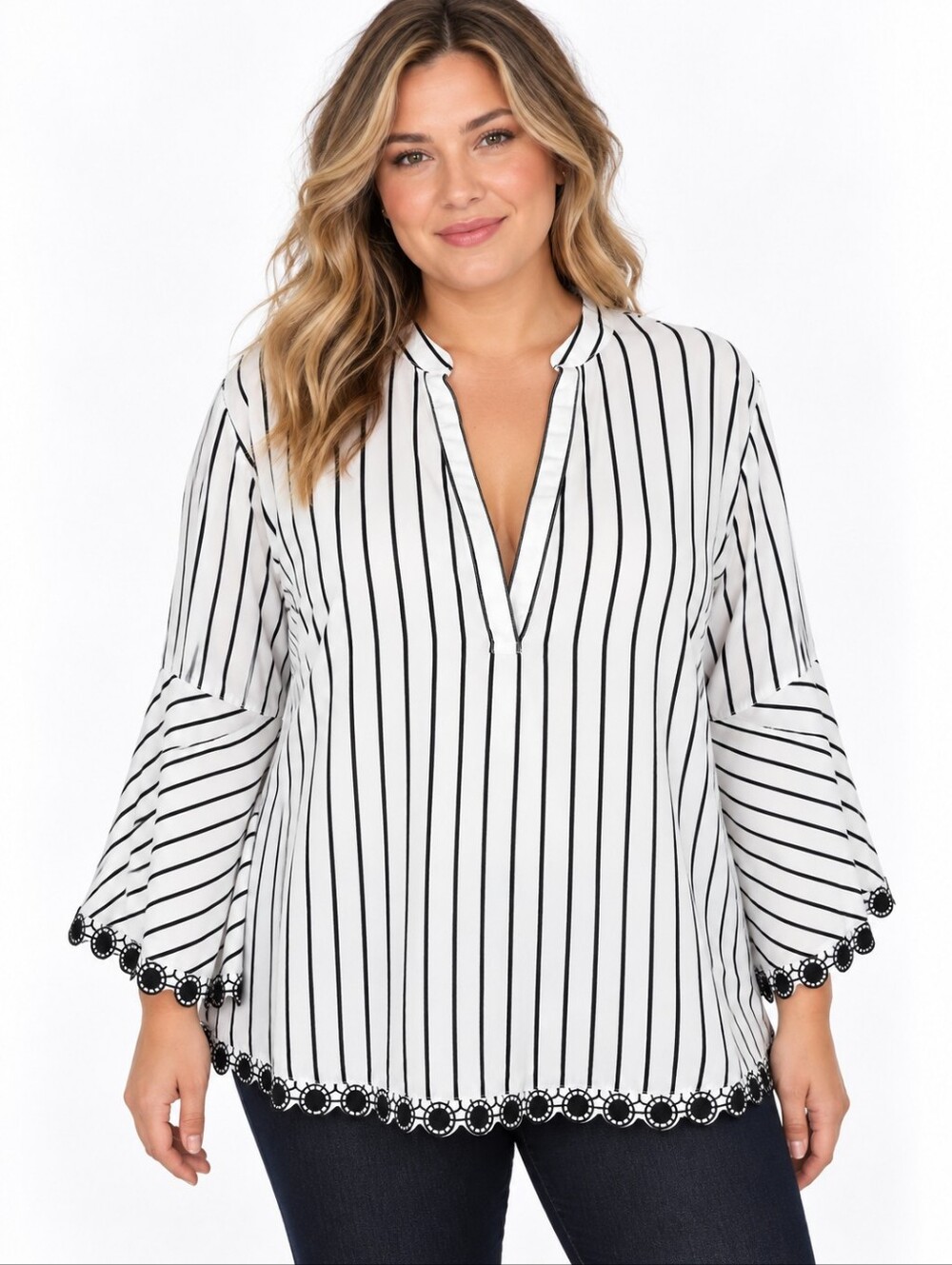 Lauren Ralph Lauren Blouse Womens 1X Black White Striped Lace Trim Bell Sleeve